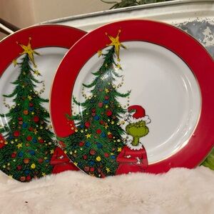 Holiday Grinch Christmas Tree Plates - Red and Green 2 salad plates